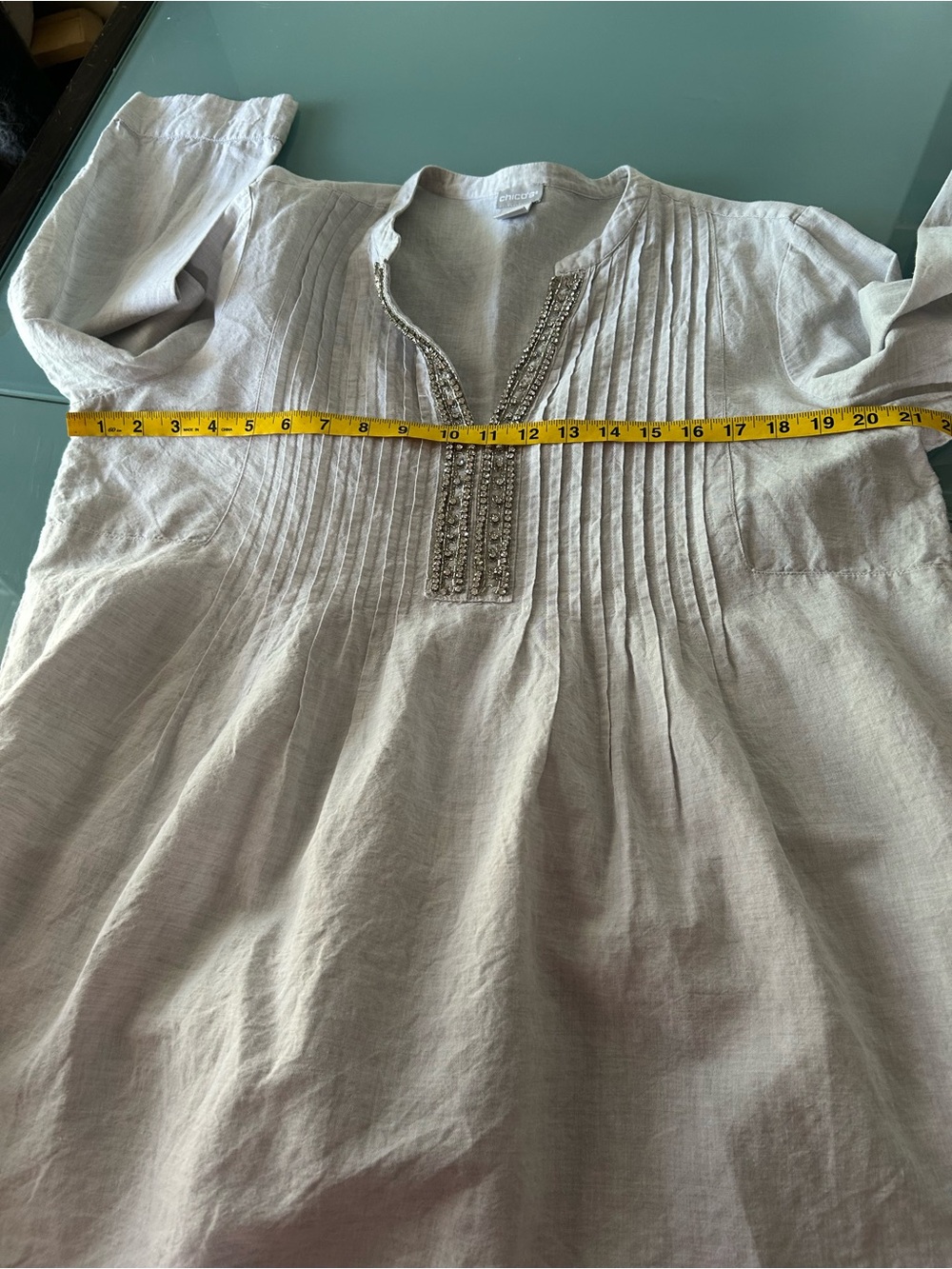 Chicos Beaded Tunic Top 1 Medium Linen Cotton Embellished Boho Resortwear Beachy - Picture 10 of 12